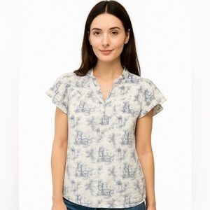 NWT Entro Blue and White Ruffle Sleeve Blouse, Size Large